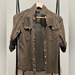 Olive green button up shirt with shoulder straps